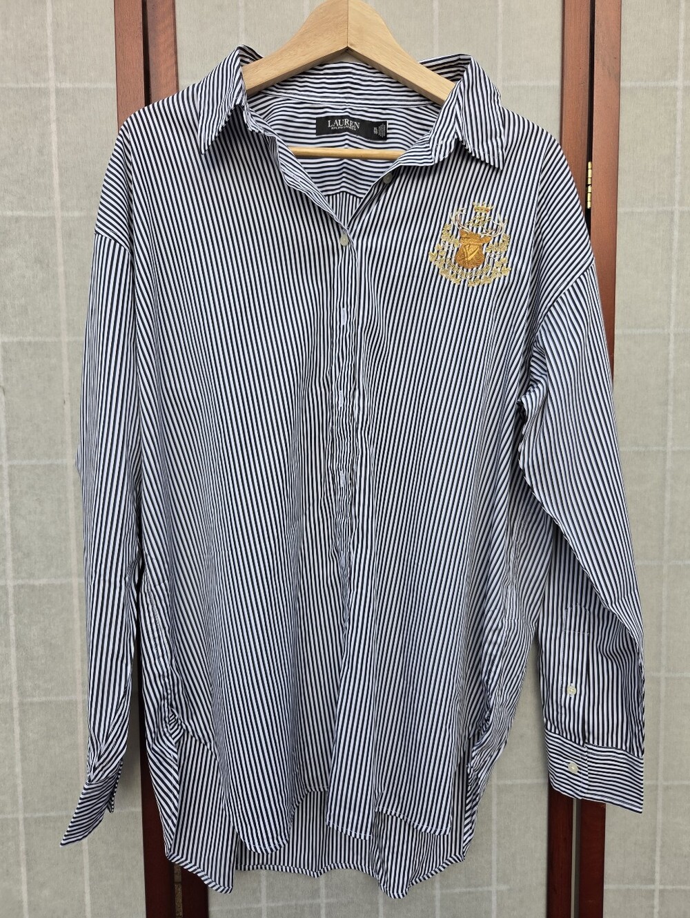 Lauren Ralph Lauren Striped Embroidered Crest Button Down Top Preppy Old Money